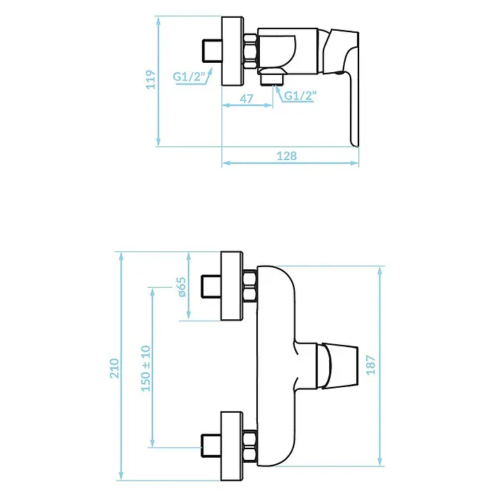 Brausearmatur Wasserhahn DIMA Brausebatterie für Badezimmer in Chrom -  - Technische Zeichnung einer Wandarmatur mit detaillierten Maßen und G1/2" Anschlüssen.