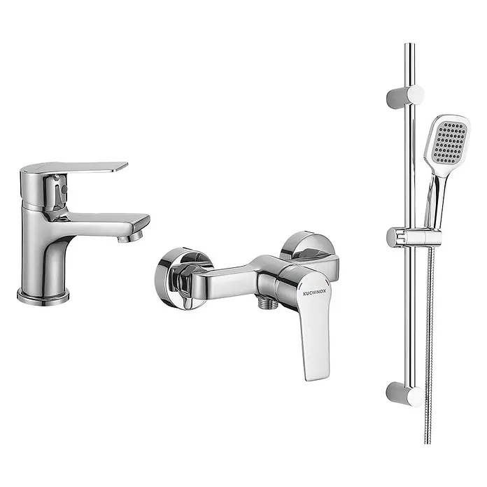 Komplette Set Brausearmatur Waschtischarmatur BORGO mit Handbrause für Badezimmer in Chrom -  - Verchromtes Badarmaturen-Set: Waschtischarmatur, Duschmischer und Duschstange mit Handbrause.
