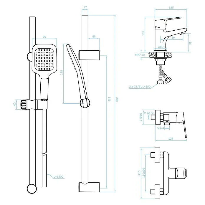 Komplette Set Brausearmatur Waschtischarmatur BORGO mit Handbrause für Badezimmer in Chrom -  - Technische Zeichnung eines Brausestangensets mit Handbrause, Mischbatterie und Wandanschluss, mit Maßen und Anschlusstypen.