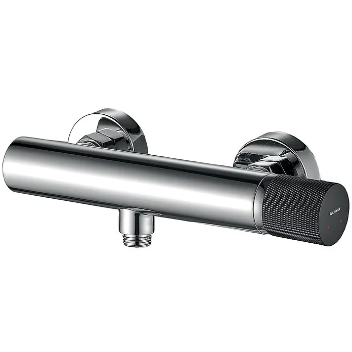 Brausearmatur Wasserhahn PEROS Brausebatterie für Badezimmer in Chrom-Schwarz -  - Verchromte Thermostat-Duscharmatur mit strukturiertem schwarzem Temperaturregler.