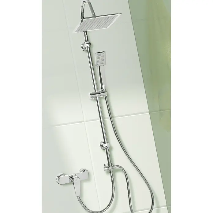 Brausearmatur Wasserhahn DOKOS Brausebatterie für Badezimmer in Silber -  - Modernes Chrom-Duschsystem: großer quadratischer Regenduschkopf, Handbrause, Gleitstange und Thermostatmischer.