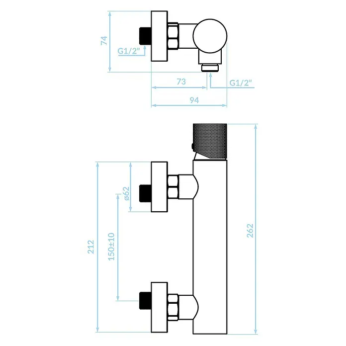 Brausearmatur Wasserhahn PEROS Brausebatterie für Badezimmer in Chrom-Schwarz -  - Bemaßte Zeichnung eines wandmontierten Sanitär-Mischers mit G1/2"-Anschlüssen.