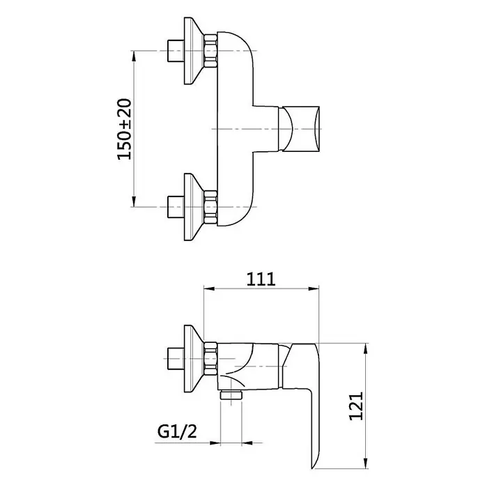 Brausearmatur Wasserhahn SIROS Brausebatterie für Badezimmer in Schwarz -  - Technische Zeichnung eines wandmontierten Mischhahns mit G1/2-Anschlüssen und Maßen, inkl. 150±20mm Achsabstand.