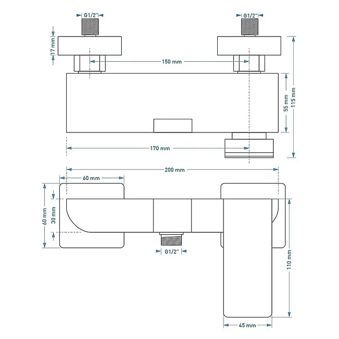 Brausearmatur Wasserhahn TRINO Brausebatterie für Badezimmer in Schwarz -  - Technische Zeichnung einer Wandarmatur mit verschiedenen Maßen und G1/2"-Anschlüssen.
