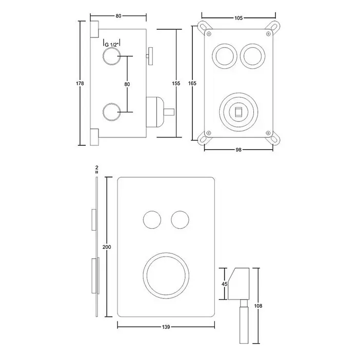 Bad Land UP-Brausearmatur BOX UP-Brausearmatur Chrom - Chrom, Matt - Technische Zeichnung eines wandmontierten Sanitär-Mischers mit Maßen für die Installation, inkl. Ventilgehäuse, Abdeckplatte und Bedienhebel.