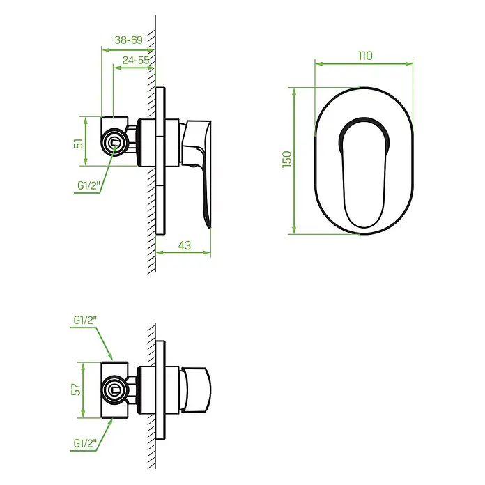 Bad Land UP-Brausearmatur APPIA UP-Brausearmatur Silber - Silber, Glänzend - Verchromte Unterputz-Duscharmatur mit Einhebelmischer, technische Zeichnung mit Maßen und G1/2" Anschlüssen.