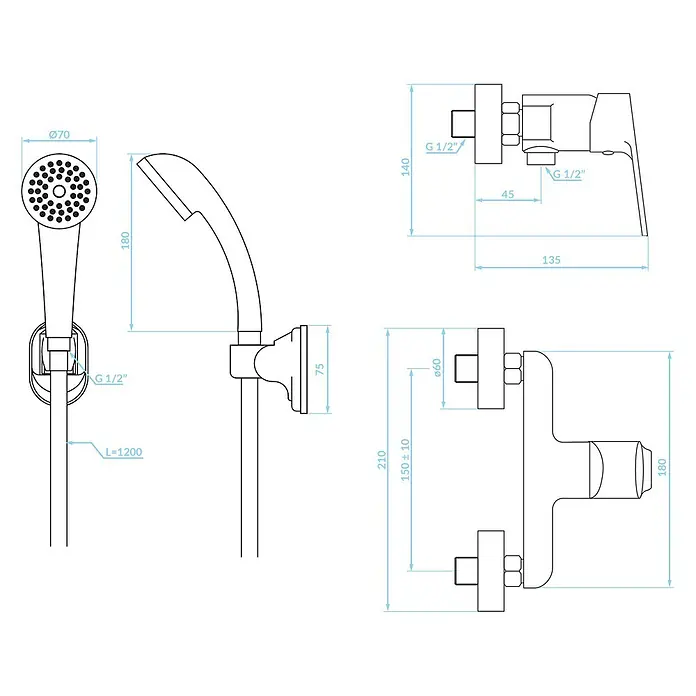 Komplette Set Brausearmatur Wasserhahn ORIS Brausebatterie für Badezimmer in Chrom -  - Technische Zeichnung eines Duschsets mit Handbrause, Schlauch und Mischbatterie, inklusive Maßen.