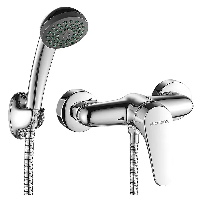 Komplette Set Brausearmatur Wasserhahn ORIS Brausebatterie für Badezimmer in Chrom -  - Verchromte Duscharmatur mit weißem Einhebelgriff und Handbrause mit grünen Düsen.