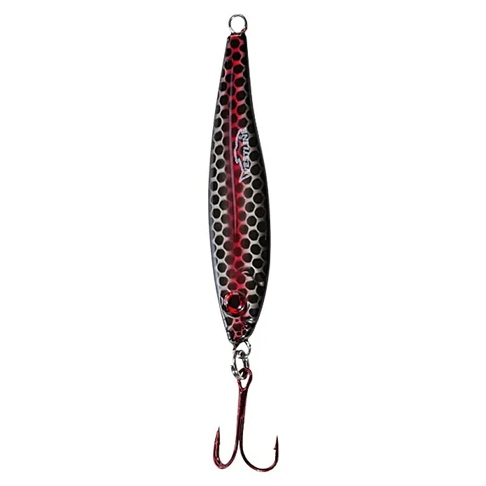 Westline Taumel-Pilker Flap Pilk - 40 g, BL, 3D-Auge - Detailaufnahme eines roten und schwarzen Angelköders mit Drilling. Ideal für Angler, die einen auffälligen Köder suchen.