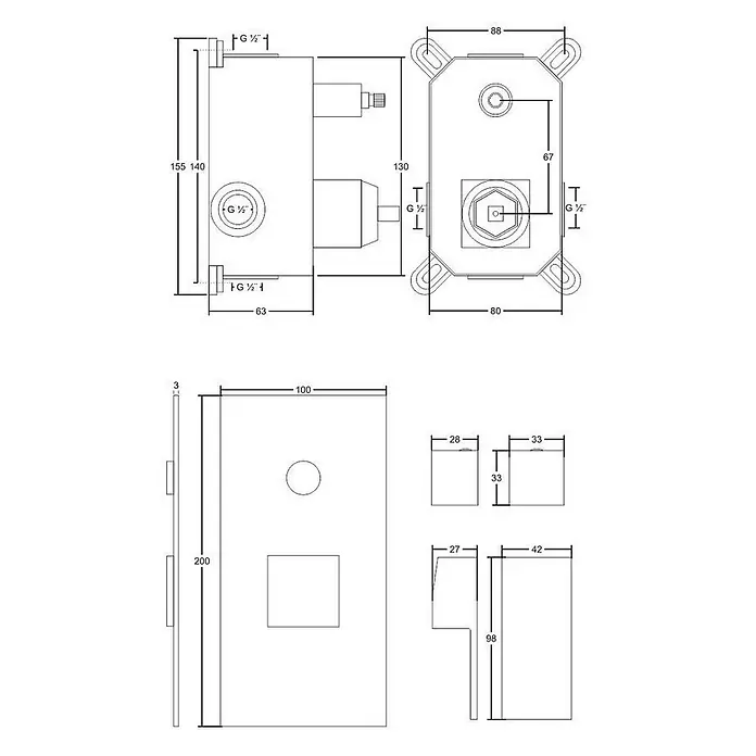 Bad Land UP-Brausearmatur BOX UP-Brausearmatur Chrom - Chrom, Matt - Technisches Zeichnung eines Unterputz-Mischkörpers mit G ½ Anschlüssen, Maßen und einer Abdeckplatte mit Bedienöffnungen.