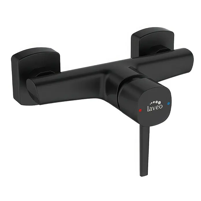 Brausearmatur Wasserhahn POLA Brausebatterie für Badezimmer in Schwarz -  - Mattschwarze Duscharmatur mit Einhebelmischer und Markenlogo.