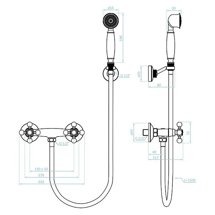 Komplette Set Brausearmatur Wasserhahn STILO Brausebatterie für Badezimmer in Antik Messing - 