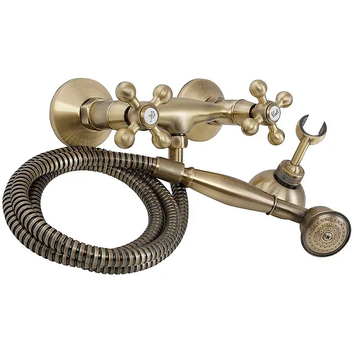 Komplette Set Brausearmatur Wasserhahn STILO Brausebatterie für Badezimmer in Antik Messing -  - Messingfarbene Duscharmatur mit Spiralschlauch und Handbrause, inklusive Warm- und Kaltwasser-Kreuzgriffen.