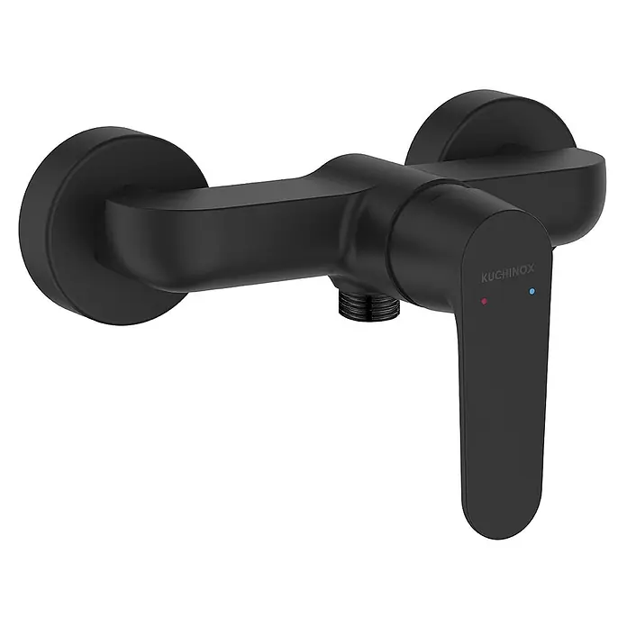 Brausearmatur Wasserhahn DIMA Brausebatterie für Badezimmer in Schwarz -  - Mattschwarze Einhebel-Brausearmatur mit KUCHINOX-Logo und Warm-/Kaltanzeigen.