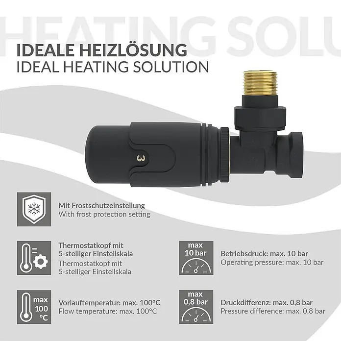 LuxeBath Heizkörperventil 1/2 Zoll, Heizungsventil für Heizkörper, Eckform -  - Schwarzer Thermostatkopf und Ventil mit goldenem Gewindeanschluss für Heizsysteme.