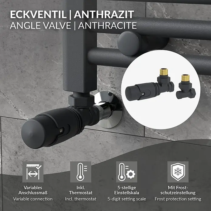 LuxeBath Heizkörperventil 1/2 Zoll, Heizungsventil für Heizkörper, Eckform -  - Anthrazit-Eckventil mit Thermostat für Heizkörper, inklusive Frostschutzfunktion.