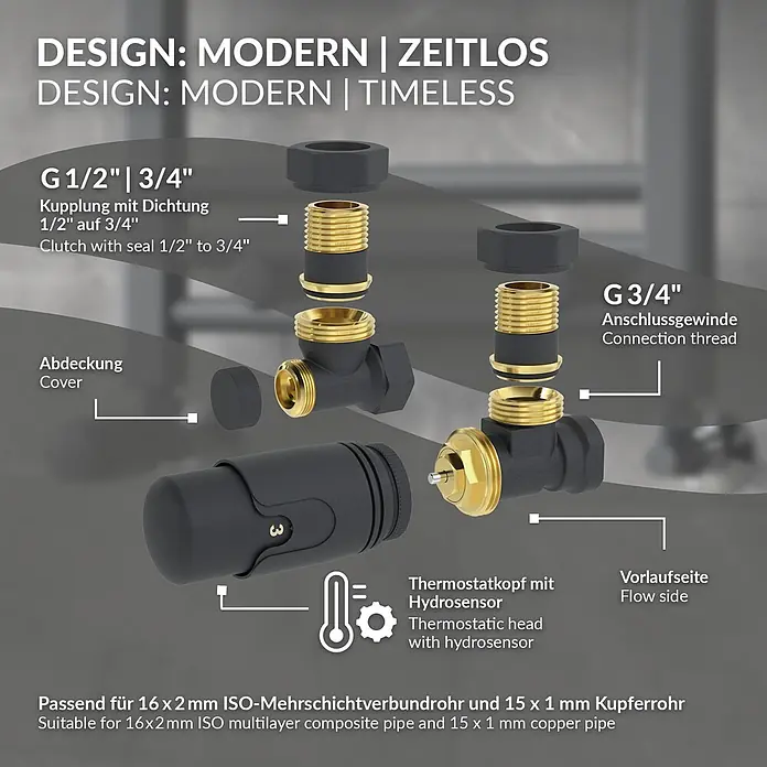 LuxeBath Heizkörperventil 1/2 Zoll, Heizungsventil für Heizkörper, Eckform -  - Thermostatkopf mit Hydrosensor und schwarze Heizkörperanschlussgarnitur, golden akzentuiert, mit G 1/2" auf 3/4" Kupplung.