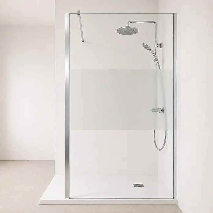 Onbath's Duschwand - B x H: 120 x 195 cm, Beschichtet, Chrom-Silber - Walk-in Dusche mit Klarglaswand, mattiertem Sichtschutz, weißer Duschwanne und Chrom-Duscharmaturen (Regen-/Handbrause).