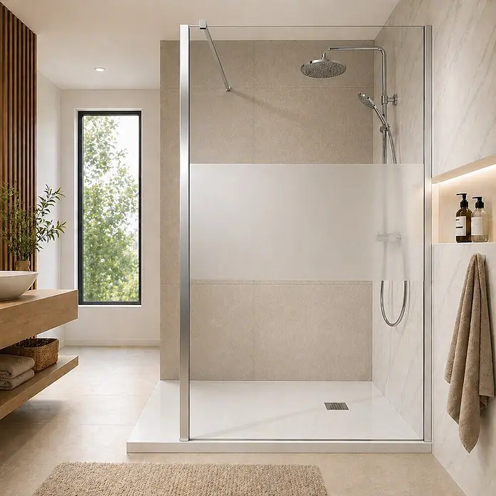 Onbath's Duschwand - B x H: 120 x 195 cm, Beschichtet, Chrom-Silber - Moderne begehbare Dusche mit klarer und mattierter Glaswand, Chromarmaturen und weißer Duschwanne in einem modernen Badezimmer.