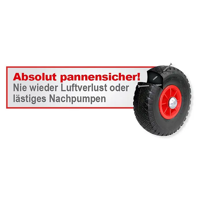BRB Sackkarre - Stahl - Pannenfreies Rad mit roter Nabe und schwarzem Reifen, Schnittansicht mit eingedrungenen Schrauben ohne Beschädigung.