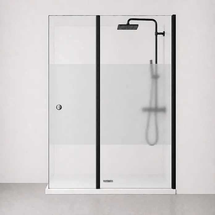Onbath's Duschwand - B x H: 150 x 195 cm, Beschichtet, Schwarz - Schwarze Duschkabine mit Schiebetür, oben Klarglas, unten satiniertes Glas, daneben ein schwarzes Duschsystem.