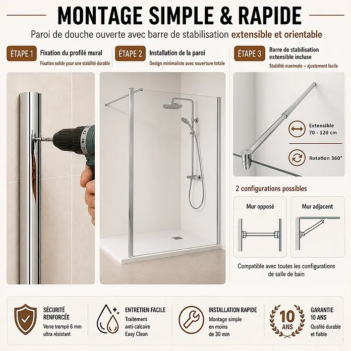 Onbath's Duschwand - B x H: 90 x 195 cm, Beschichtet, Chrom-Silber - Offene Duschwand mit ausziehbarer Chrom-Stabilisierungsstange, zeigt Installationsschritte und flexible Konfigurationen.