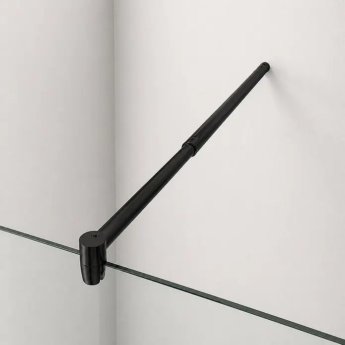 Onbath's Duschwand - B x H: 150 x 195 cm, Beschichtet, Schwarz - Schwarze, verstellbare Duschglas-Haltestange, an Wand montiert und mit Glasplatte verbunden.