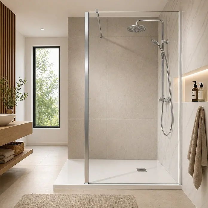 Onbath's Duschwand - B x H: 90 x 195 cm, Beschichtet, Chrom-Silber - Moderne begehbare Dusche mit Klarglas, Chromprofilen und weißer Duschwanne in einem zeitgenössischen Badezimmer.