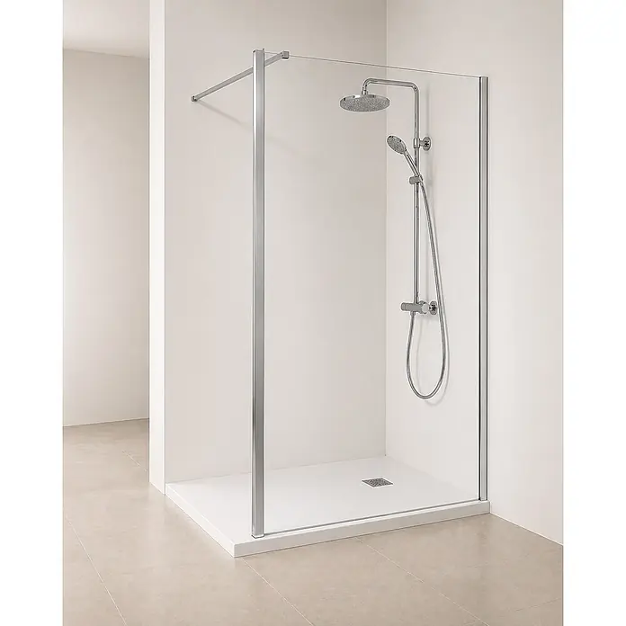 Onbath's Duschwand - B x H: 90 x 195 cm, Beschichtet, Chrom-Silber - Begehbare Dusche mit Klarglas, Chromrahmen, weißer Wanne und einem Chrom-Regenduschsystem mit Handbrause.
