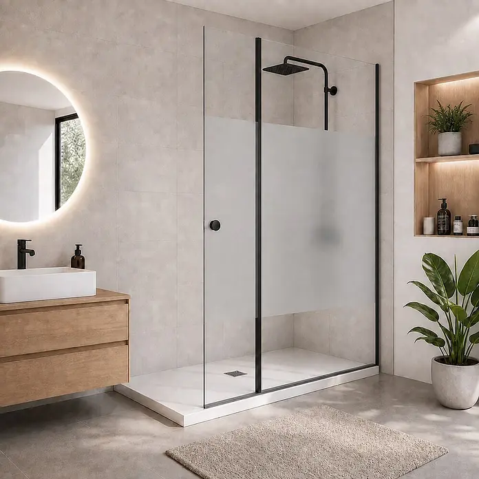 Onbath's Duschwand - B x H: 150 x 195 cm, Beschichtet, Schwarz - Schwarze Duschwand mit mattierter Sichtschutzscheibe, installiert in einem modernen Bad mit weißer Duschwanne.