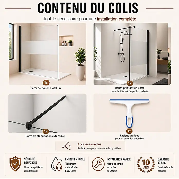 Onbath's Duschwand - B x H: 150 x 195 cm, Beschichtet, Schwarz - Inhalt des Duschkabinenpakets: schwarz gerahmte Glas-Walk-in-Duschwand, schwenkbare Glasplatte, Stabilisierungsstange und Reinigungsrakel.