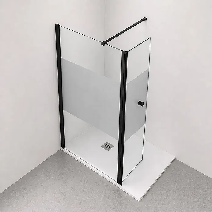 Onbath's Duschwand - B x H: 150 x 195 cm, Beschichtet, Schwarz - Schwarze Rahmendusche als Ecklösung mit Klarglas und satiniertem Streifen, auf weißer Duschwanne.