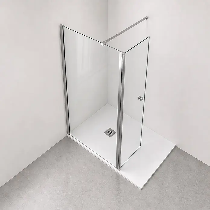 Onbath's Duschwand - B x H: 90 x 195 cm, Beschichtet, Chrom-Silber - Eckduschkabine mit klaren Glaswänden, Chromprofilen, Schwingtür und Stabilisierungsstange, auf weißer Duschwanne.
