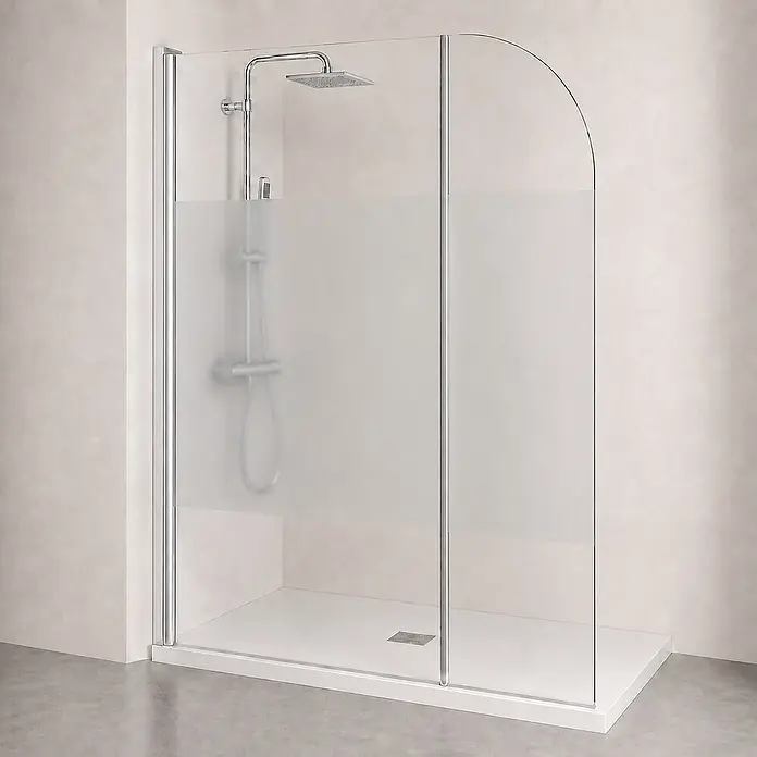 Onbath's Duschwand - B x H: 110 x 195 cm, Beschichtet, Chrom-Silber - Duschkabine aus Milchglas mit klarem Oberteil, Chromarmaturen und weißer Duschwanne.