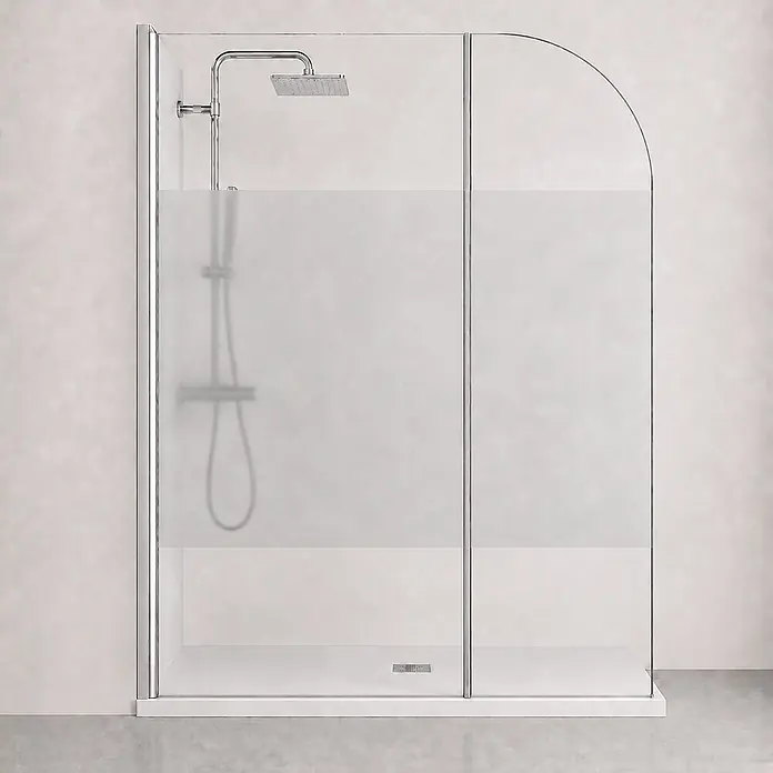 Onbath's Duschwand - B x H: 110 x 195 cm, Beschichtet, Chrom-Silber - Moderne begehbare Dusche mit Klarglas, Milchglas, Chromrahmen, weißer Wanne und Kopfbrause.