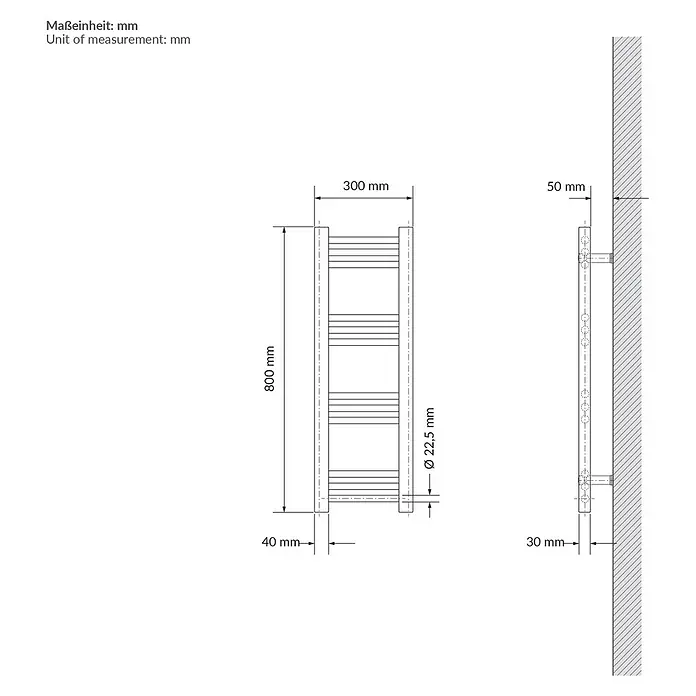 LuxeBath Badheizkörper Sahara 500x800 mm Elektrisch -  - Handtuchwärmer, 800x300 mm, mit 22,5 mm Rohrdurchmesser, inklusive Wandmontagedetails.