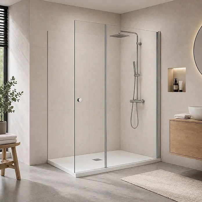 Onbath's Duschwand - B x H: 90 x 195 cm, Beschichtet, Chrom-Silber - Klare Glasduschkabine mit silbernem Rahmen und weißer Duschwanne in einem modernen Badezimmer.