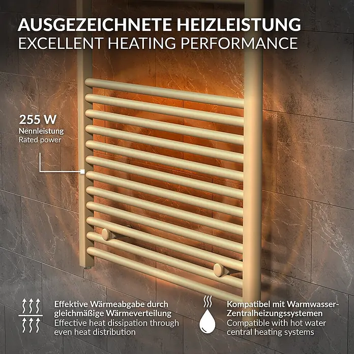 LuxeBath Elektro-Badheizkörper Handtuchheizkörper elektrisch 300W 500 x 800 mm Beige Heizkörper - B x H: 500 x 800 mm, Ausstattung Heizkörper: Blindstopfen - Goldener Heizkörper Handtuchwärmer an gefliester Wand, 255W Leistung, kompatibel mit Zentralheizung.