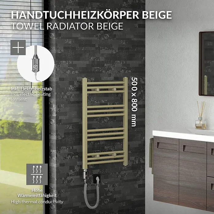 LuxeBath Badheizkörper Sahara 500x800 mm Elektrisch -  - Beiger elektrischer Handtuchheizkörper mit hoher Wärmeleitfähigkeit in einem Badezimmer.