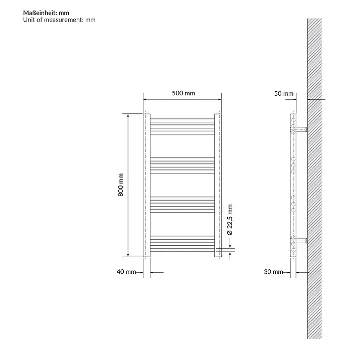 LuxeBath Elektro-Badheizkörper Handtuchheizkörper elektrisch 300W 500 x 800 mm Beige Heizkörper - B x H: 500 x 800 mm, Ausstattung Heizkörper: Blindstopfen - Rechteckiger Heizkörper, 800x500mm, mit horizontalen Rohren (Ø 22.5mm), 50mm Wandabstand.