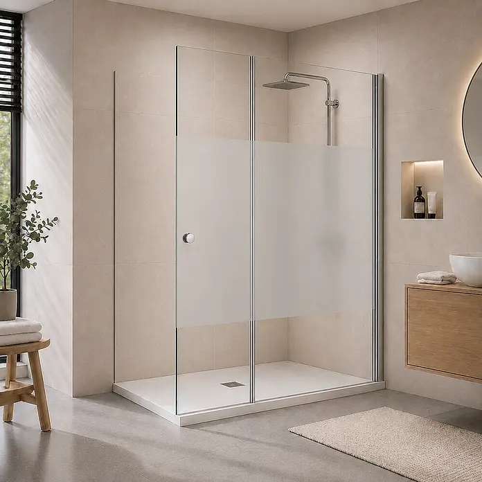 Onbath's Duschwand - B x H: 130 x 195 cm, Beschichtet, Chrom-Silber - Moderne begehbare Dusche mit mattierter Glaswand, weißer Duschwanne und Chromarmaturen in einem gefliesten Bad.