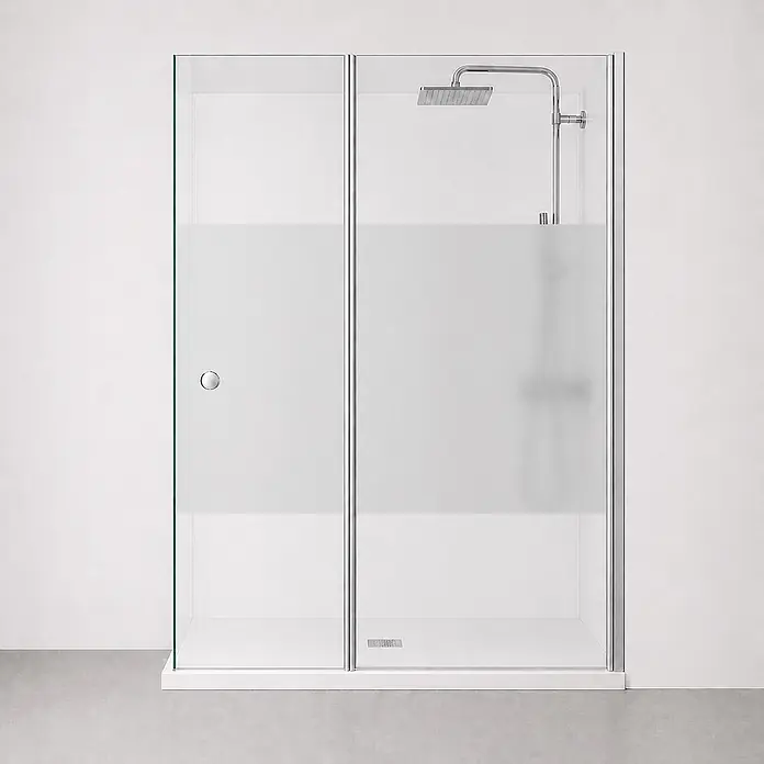 Onbath's Duschwand - B x H: 130 x 195 cm, Beschichtet, Chrom-Silber - Duschkabine aus Milch- und Klarglas mit Chrom-Duschkopf und weißer Duschwanne.