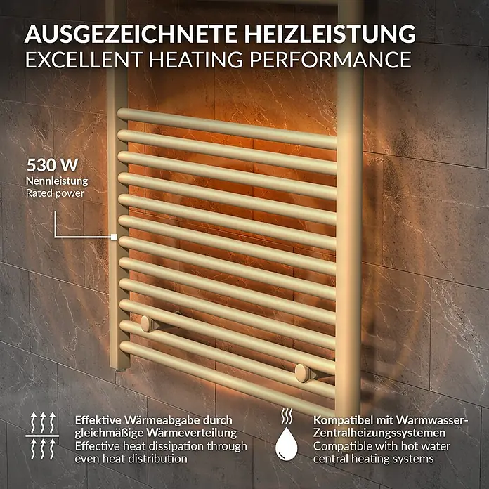 LuxeBath Elektro-Badheizkörper Handtuchheizkörper elektrisch 600W 600 x 1200 mm Beige Heizkörper - B x H: 600 x 1.200 mm, Ausstattung Heizkörper: Blindstopfen - Goldfarbener Handtuchwärmer an einer gefliesten Wand, 530W Leistung, kompatibel mit Zentralheizung.