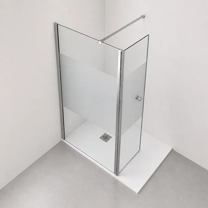 Onbath's Duschwand - B x H: 130 x 195 cm, Beschichtet, Chrom-Silber - Eckduschkabine aus Glas mit Milchglasstreifen, Chromprofilen und weißer Duschwanne.