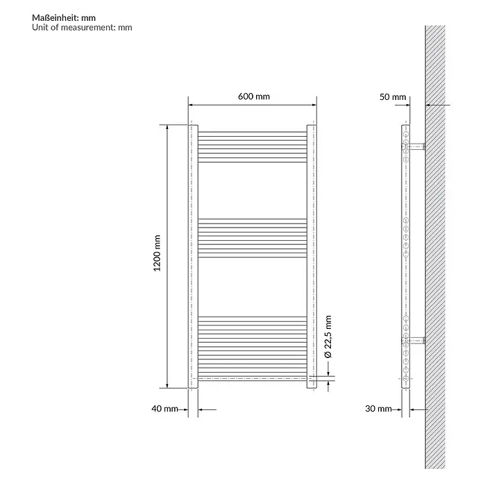 LuxeBath Elektro-Badheizkörper Handtuchheizkörper elektrisch 600W 600 x 1200 mm Beige Heizkörper - B x H: 600 x 1.200 mm, Ausstattung Heizkörper: Blindstopfen - Technische Zeichnung eines Handtuchheizkörpers, 1200x600 mm, mit Ø 22,5 mm Rohren, Vorder- und Seitenansicht mit Wandbefestigungsdetails.