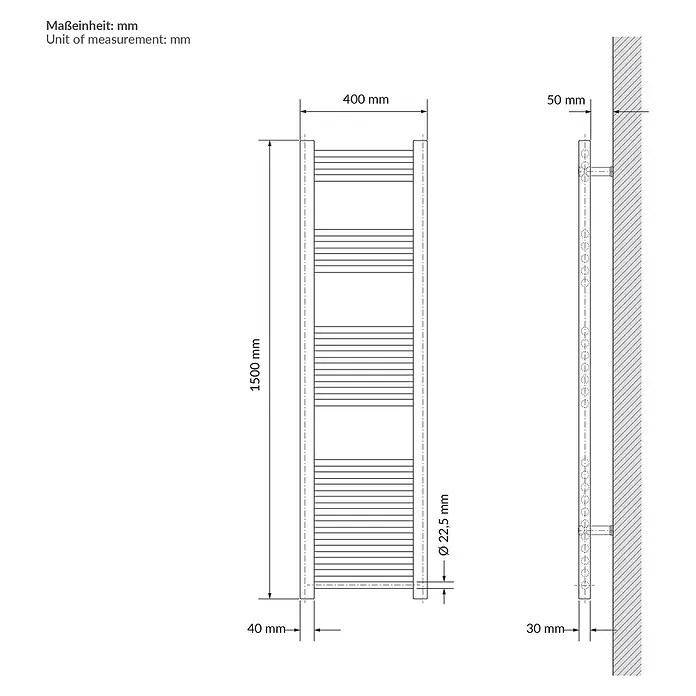 LuxeBath Elektrischer Badheizkörper Sahara 400x1500 mm -  - Technische Zeichnung eines rechteckigen Handtuchheizkörpers mit horizontalen Stäben, Vorder- und Seitenansicht, inklusive Maße zur Wandmontage.