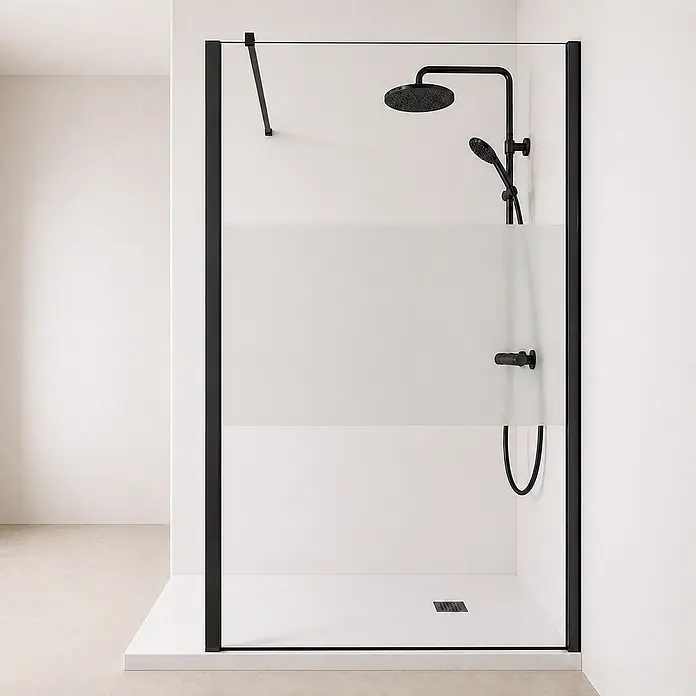 Onbath's Duschwand - B x H: 70 x 195 cm, Beschichtet, Schwarz - Schwarze Duschkabine mit teilmattierter Glaswand und schwarzer Duscharmatur.