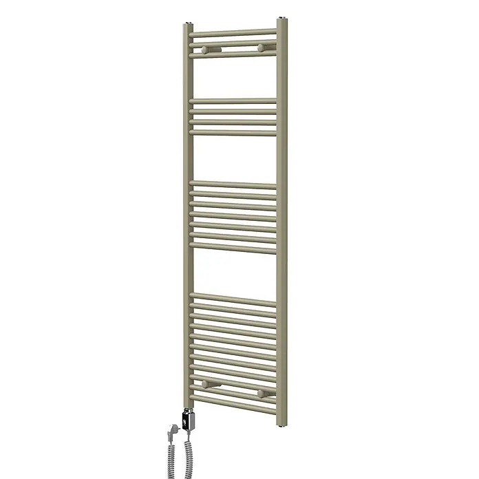 LuxeBath Elektrischer Badheizkörper Sahara 400x1500 mm -  - Hoher beiger elektrischer Handtuchwärmer mit horizontalen Stangen und zwei integrierten Haken, komplett mit Stromkabel und Stecker.