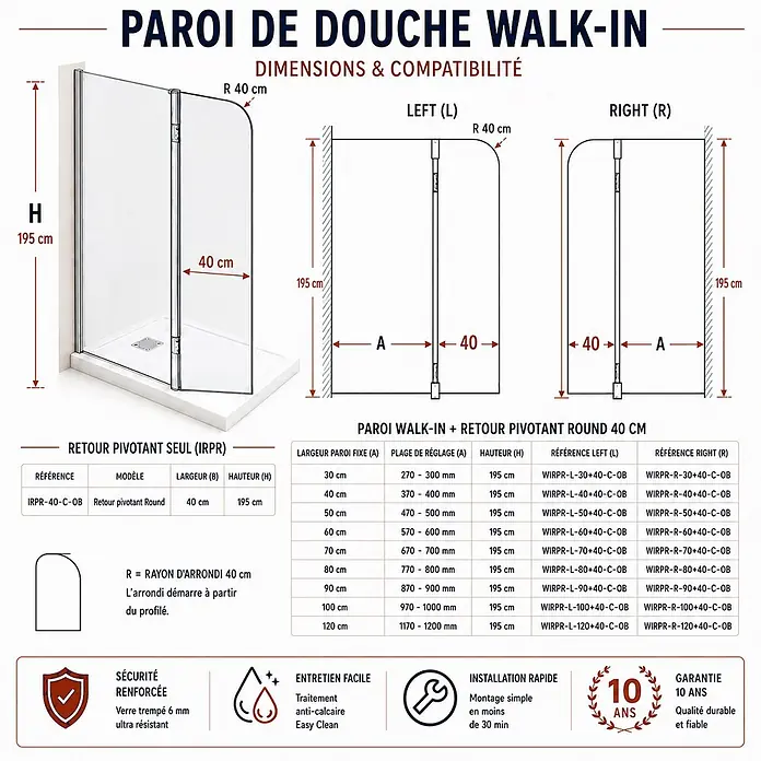 Onbath's Duschwand - B x H: 70 x 195 cm, Beschichtet, Chrom-Silber - Klarglas Walk-in Duschwand mit gebogenem, schwenkbarem Seitenpaneel und Metallprofilen.
