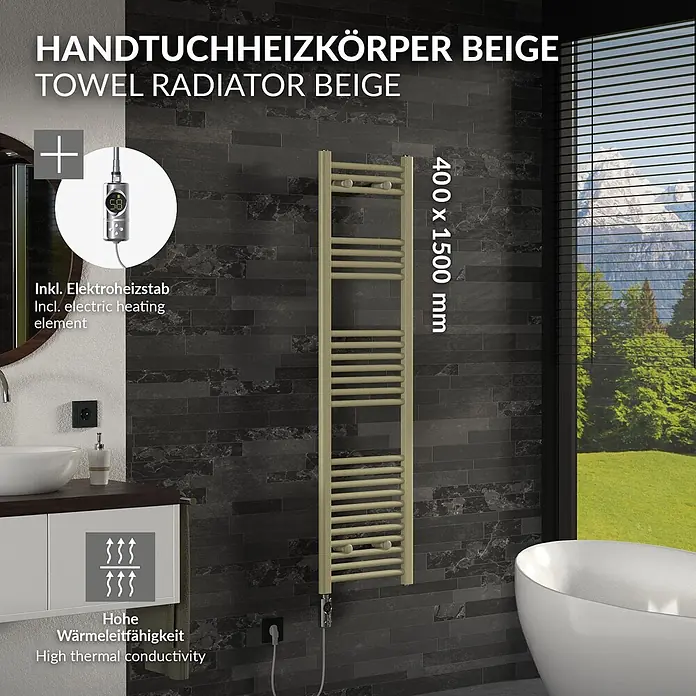 LuxeBath Handtuchheizkörper Sahara Elektrisch 400 x 1500 mm -  - Beiger Elektro-Handtuchheizkörper, 400x1500mm, inkl. Heizstab und hoher Wärmeleitfähigkeit.
